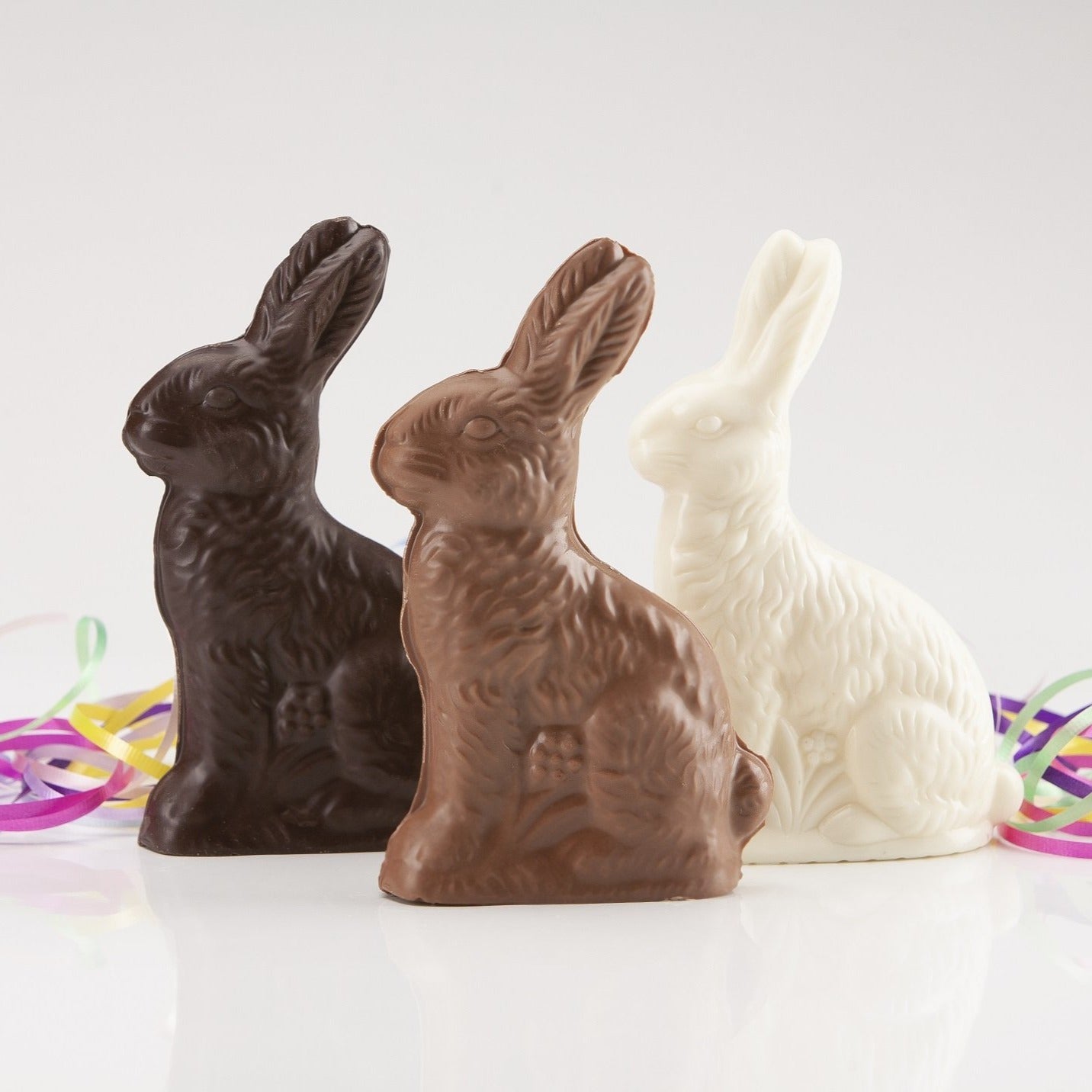 7 oz. Dark, white, and milk chocolate easter bunnies