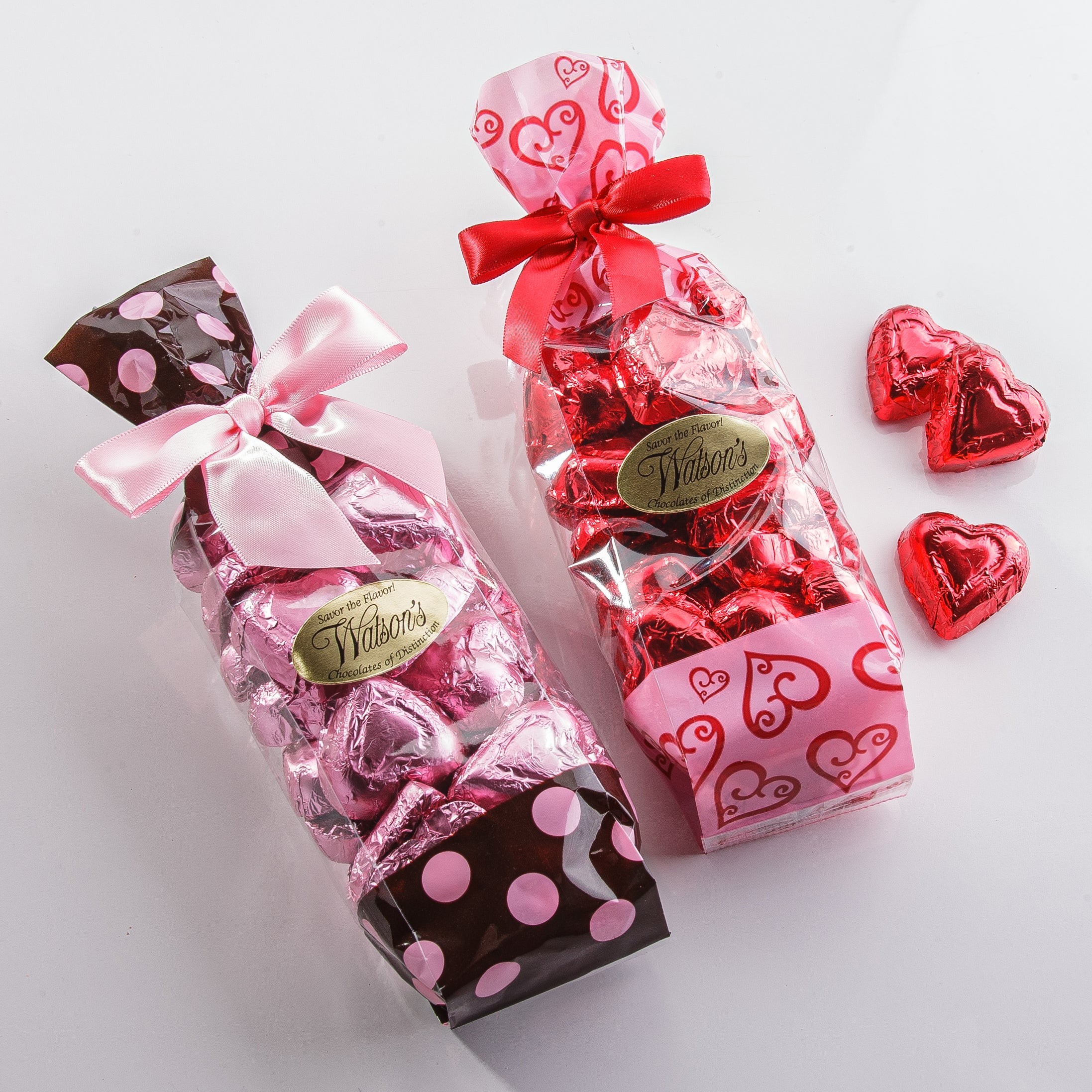 Pink and red foil wrapped milk chocolate hearts