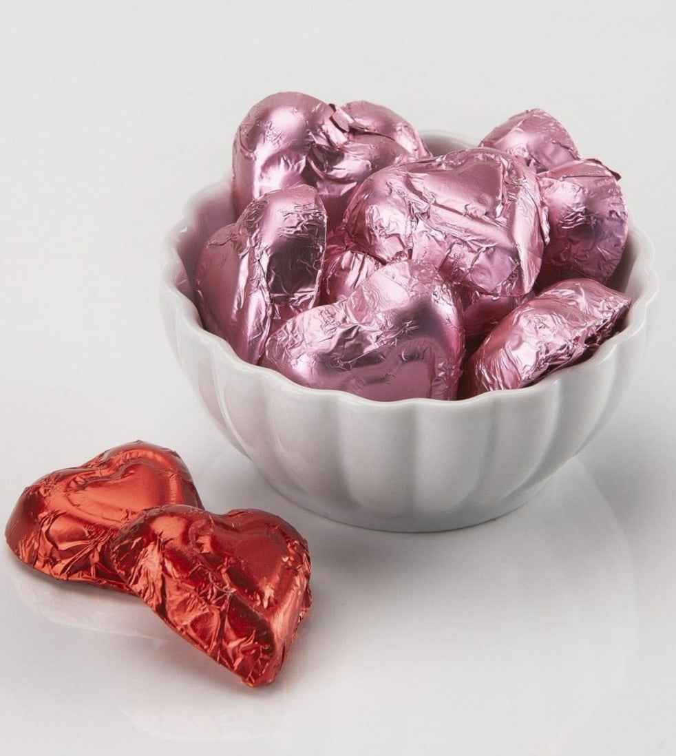 Pink and red foiled chocolate hearts
