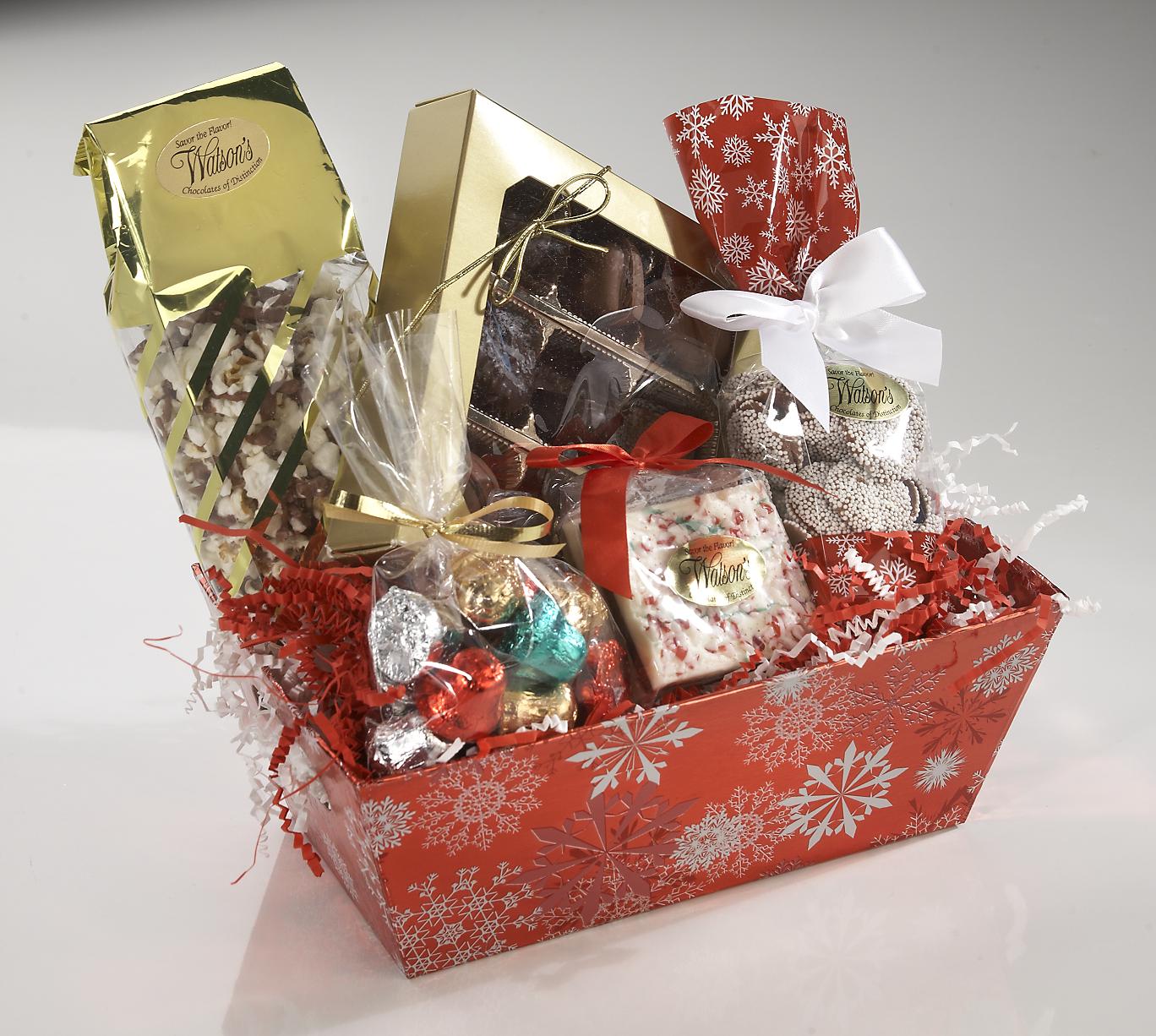 Winter wonderland gift basket filled with various chocolates